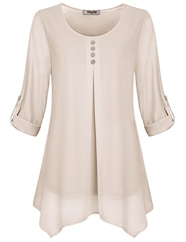 Hibelle Women's Roll-up Long Sleeve Round Neck Casual Chiffon Blouse Top