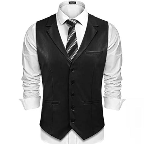 Mens Leather Vest Casual Single Breasted Western Suit Vest Jacket Lightweight V-Neck Wedding Party Dress Waistcoat