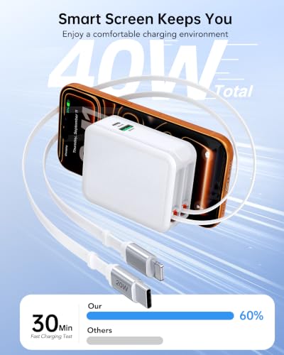 Image of Retractable Wall Charger,40W USB Charger Wall Plug with USBC & Apple Cable,4-in-1 Fast Charging Foldable Block Multi Charger,Travel Essentials Brick Multiport for iPhone 17 /16 /15,iPad,Galaxy,LG,Pixel
