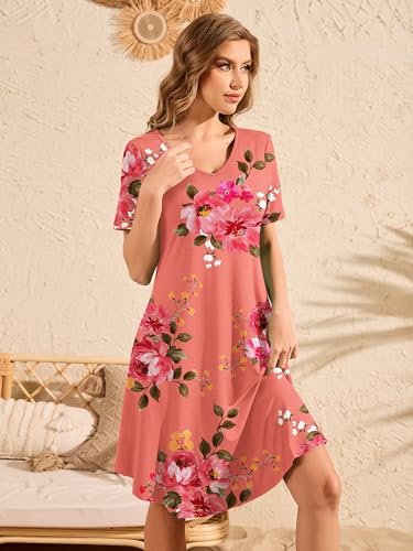Image of DEARCASE Women's Short Sleeve Casual Sweater Tunic Dress V-Neck Loose Boho Knee Length Fall Summer Petite Stretch A-Line Wedding Guest Flowy Swing Tshirt Dresses Honey Powder Flower X-Large