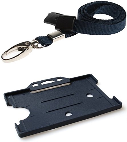Identity-Plus: Navy Blue Lobster Clip Safety Breakaway Lanyard with Navy Landscape ID Card Holder (100)