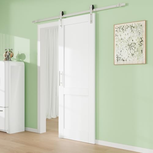 Image of 36 inch x 80 inch 2-Lites Solid Core MDF Panel Barn Door with Trimmable 72 inch Track Kit, Paintable Sliding Barn Doors for Closet Kitchen Bedroom Excellent Sound & Thermal Insulation, Nickel-Plated Hardware Kit