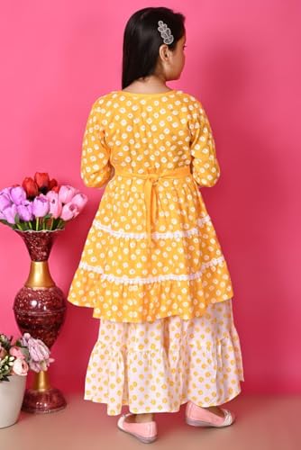 Image of First DREAMGirls Pink Bandhani Printed with Cotton Flower Lace Kurta with Sharara
