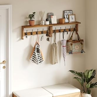 AMBIRD Coat Rack Wall Mounted with Shelf, Coat Hooks Wall Mounted, Wall Hooks for Hanging in Entryway, Living Room, Bathroom, Bedroom (Brown)