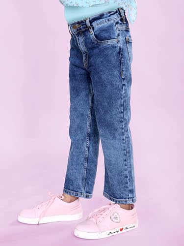 Image of KiddoPanti Girls Solid Waist Elasticated Straight Fit Jeans