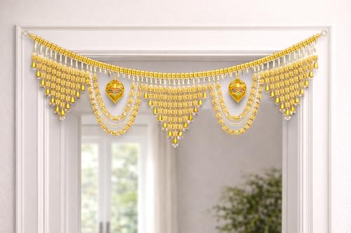 Image of Premium Golden Beads Toran for Door | Designer Bandarwal with Leaf Motifs & Hanging Bells | Traditional Door Decoration for Diwali, Wedding, Griha Pravesh & Pooja