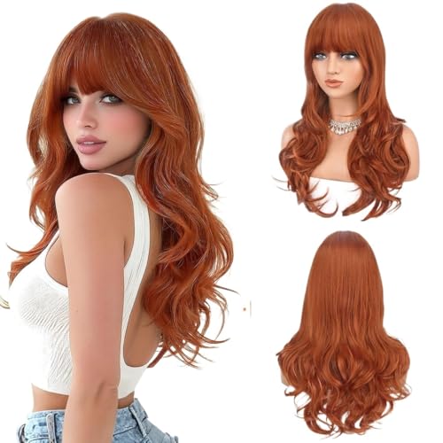 Perruque pour femme rutilante orange bouclée avec frange