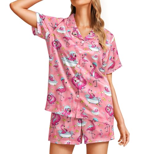 Image of Funny Pajamas for Women Set Print Satin Loungewear Pjs Short Sleeve Button Down Top and Shorts Sets Sleepwear XS-3XL