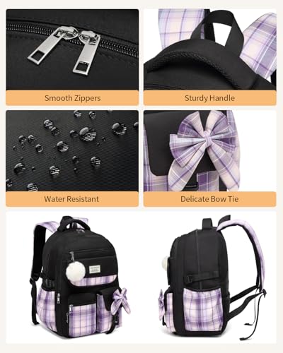 Image of Backpack for School Girls, 3Pcs Kids Cute Bookbag with Lunch Box Pencil Pouch, Student Pack Fits 15.6 Inch Laptop for Teens bag for Kindergarten Elementary Preschool Middle School, Black Purple Tartan