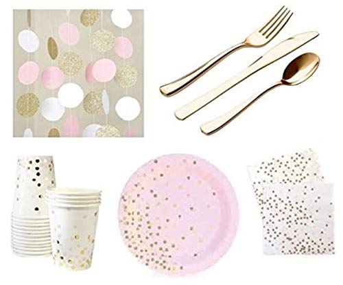 Pink and Gold Dessert Appetizer Paper Plates Napkins & Cups plastic Golden Cutlery Silverware & Glittery String Decorations Party Supplies Elegant Hot Foil Stamp DELUXE For 12 Guests