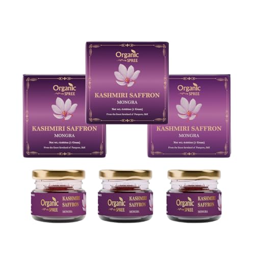Organic Spree Kashmiri Saffron Kesar 1gm (0.035oz) Threads Pure and Natural l From the finest farmlands of Pampore, J&K l Certified Grade A++ Mongra Saffron - Pack of 3