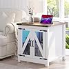 Farmhouse end table 24 large sofa side table with charging station mesh barn door and adjustable storage shelf rustic wood square nightstand for living room bedroom office white brown  urban country home decor