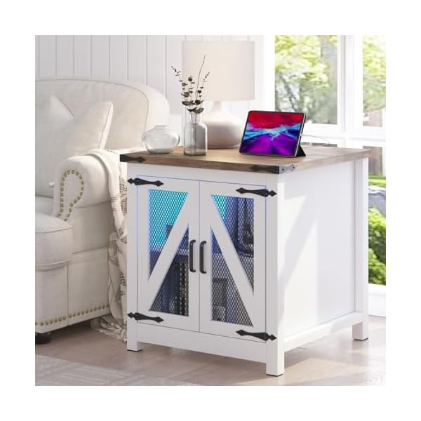 Farmhouse end table 24 large sofa side table with charging station mesh barn door and adjustable storage shelf rustic wood square nightstand for living room bedroom office white brown  urban country home decor