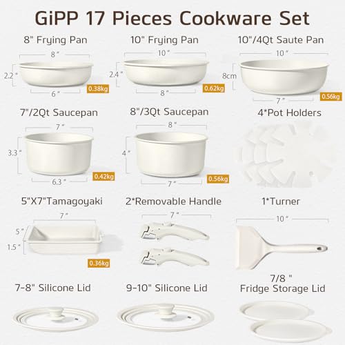 Image of GiPP Ceramic Pots and Pans Set Non Stick, Nonstick Detachable Handle Cookware Sets, Healthy Non Toxic PFAS PFOA & PTFE Free, Dishwasher &Oven Safe, Induction Kitchen Pot and Pan