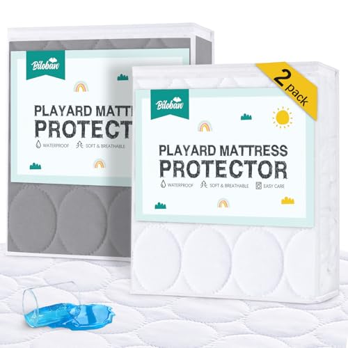 Image of Pack and Play Mattress Cover Waterproof 2 Pack, Quilted Pack and Play Mattress Pad Fitted Fits for Graco Pack n Play Playard Mattress/Playpen Mattress, White&Gray, 39" x 27"