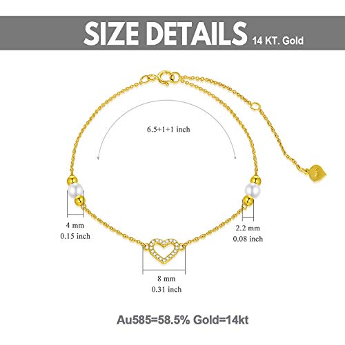 Solid 14K Gold Heart Bracelet For Women Freshwater Cultured Pearl Bracelet With Beads Dainty Jewelry Gifts For Her, Mum,Wife,6.5+1+1 Inch #TOP2