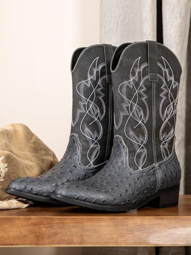 Western cowboy boots, ostrich leather, embroidered design, brown, mid-calf, men's antique ostrich embossed exotic western boots round head.2