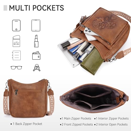 Image of Medium Crossbody Bags for Women,Vegan Leather Hobo Purses Embossed | Women's Shoulder Handbags with Adjustable Boho Strap for Daily Travel Lightweight Cross body Purses with Multi Pockets
