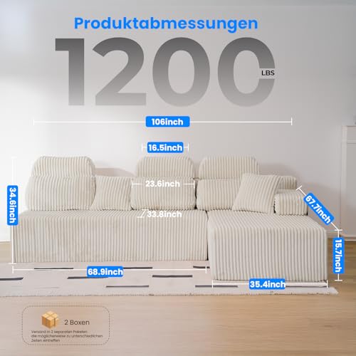 HOMRELEXA 276cm Sofa mit hoher Rückenlehne, L-Form Schlafsofa aus Cordstoff, 3-Sitzer mit Ottomane Links oder rechts, Relaxsofa für Wohnzimmer, freistehend, Keine Montage(Weiß)