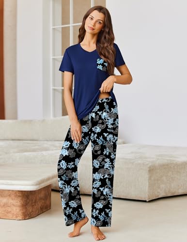 Image of Ekouaer Pajama Sets for Women Short Sleeve Pj Set V Neck Sleepwear Chest Pocket with Long Pants Casual Loose Loungewear