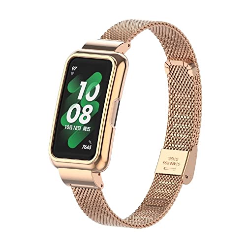 T-BLUER Compatible for Huawei Band 8 Strap,Stainless Steel Metal Replacement Band Bracelet Wristband Accessories with Metal Frame for Huawei Band 7/8/9 Rose Gold - Image 2