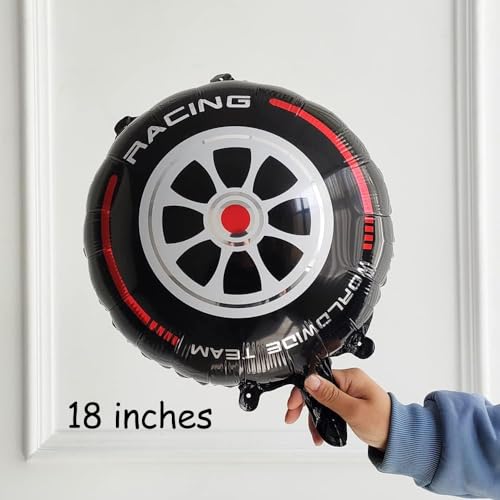 Image of Rozi Decoration Racing Theme Birthday Party Balloons Set - 5 Pcs Tire Foil Balloons and Checkered Flag Balloons for Kids Car Party Decorations, Reusable Air or Helium Balloons