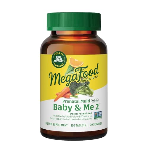 MegaFood Baby & Me 2 Prenatal Multi Minis - Prenatal Vitamins for Women with Choline & Methyl Folate - Gluten-Free, Vegetarian, Pre Natal Multivitamin for Women – 120 Minis Tablets, 30 Servings