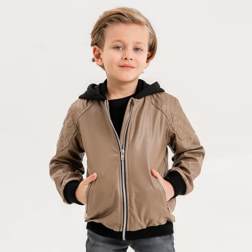 Image of Gold Class Kidswear Boys Leather Jacket with Hoodie, Faux Leather Jacket for Kids, Zipper Closure Boys Leather Jacket