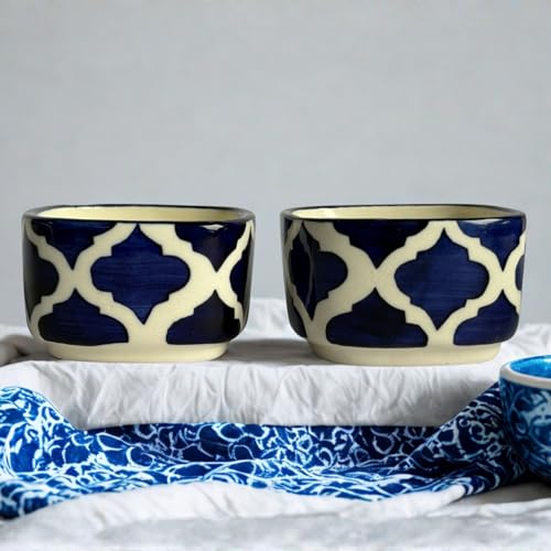 Image of Yourowndcor Designer Ceramic Dip Bowls Set | Navy Blue Moroccan Pattern Serving Bowls for Condiments, Snacks & Dips | 2 Pieces, 40 ml
