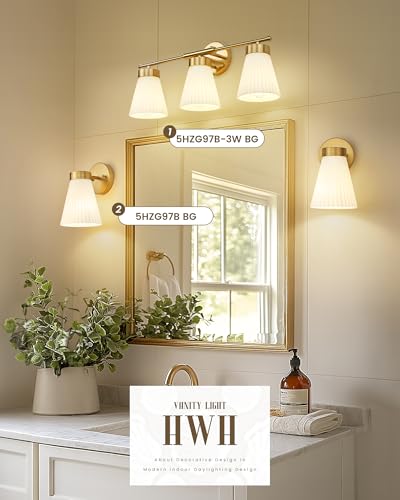 Image of Bathroom Light Fixture, HWH 3-Light Brushed Gold Vanity Lights for Bathroom Modern Vanity Sconce Lighting Over Mirror, Wall Lamp with Frosted White Striped Glass, 5HZG97B-3W BG