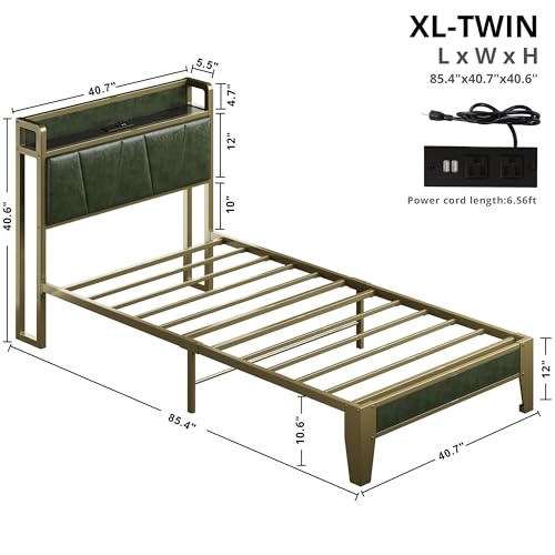 LIKIMIO Twin XL Bed Frame, Storage Headboard with Charging Station, Solid and Stable, Noise Free, No Box Spring Needed, Easy Assembly (Dark Green)