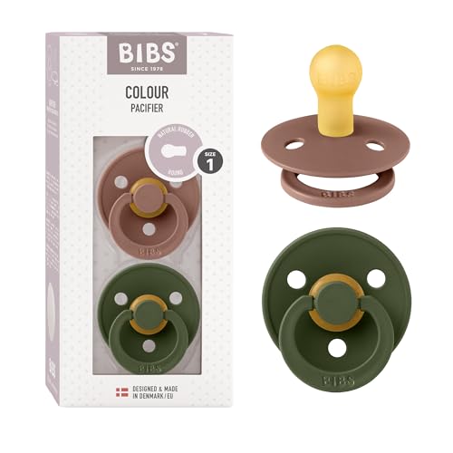 Image of BIBS Pacifiers Colour Collection | Natural Rubber Baby Pacifier | Set of 2 BPA-Free Soothers | Made in Denmark | 0+ Months (Pack of 2) | Woodchuck/Hunter Green