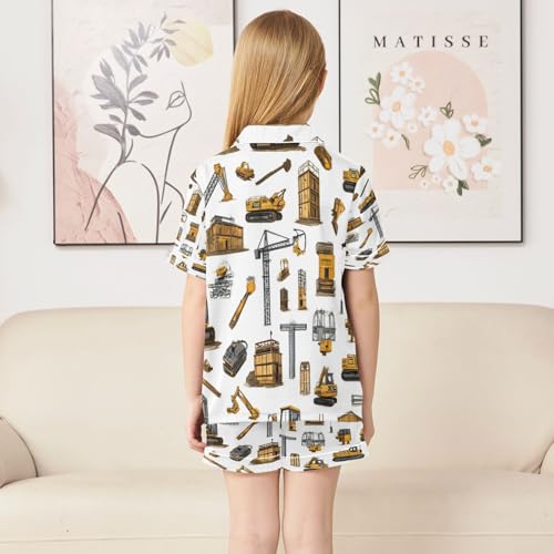 Satin Pajama Sets Short Sleeve Construction Equipment Car Pattern Button Down Silky Nightwear 2 Piece PJS 5-14Y4