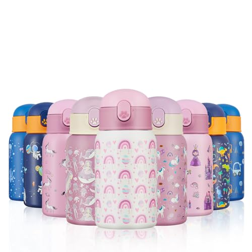 Autsel 400ml Botella Agua Niños Acero Inoxidable con Pajita Reutilizable Botella Termica Infantil Sin BPA para la Escuela