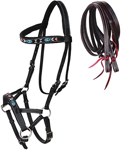 CHALLENGER Horse Western Horse Bitless Black Padded Leather Beaded Sidepull Bridle with Reins 77RT07BK