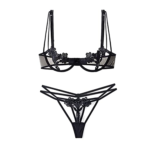 Women's Hollow Sexy Underwear Temptation Cutout Bra Harness Thongs Set See Through Playful Mesh Sex Naughty Lingerie (Black,70B)
