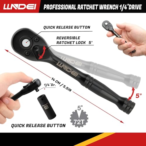 Image of LLNDEI 1 /4 inch Drive Socket Wrench Set, 1 /4-Inch Impact Socket Set Metric(4-15mm) Deep and Shallow 6 Point, CR-V, 63PCS with 72T Ratchet Wrench Handle for Household&Automotive Repairing