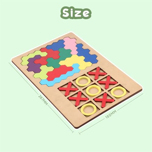Image of SPARTAN KIDS 3D Wooden Hexagon Puzzle & Classic Tic Tac Toe Game - Montessori Educational Toy for Kids, Creative Shape Pattern Block, Two-in-One Early Learning Toy