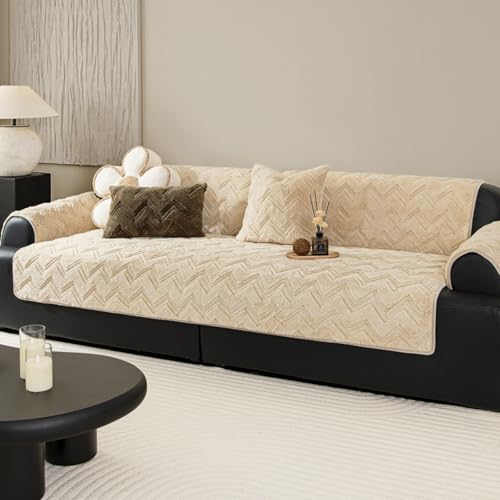 Genérico Suave Felpa Corta con Estampado de Espiga Funda Sofa 3 Plazas, Protector Antideslizante Cubre Sofas，Funda Lavable para sofás de 3 plazas y seccionales Beige 1 pieza/110 * 240cm
