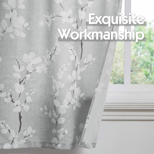 Image of FMFUNCTEX Gray-White Kitchen Valance Curtain 15-inches Length Blossom Print Canvas Window Curtain Valance for Cafe Floral Botanical Pattern Window Top Curtain Rod Pocket 1 Pack