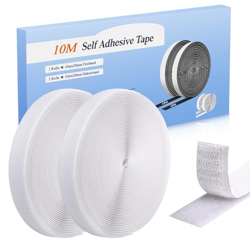 Hook and Loop Tape Self Adhesive10m x 20mm White Heavy Duty Sticky Back Fastening Tape Strips No Residue Removable Mounting Tape for Picture Hanging Carpet Curtains Home Office & DIY