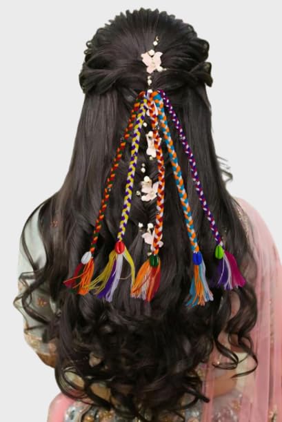 BELARO Navratri Look Hair Braids with Rubber Bands - Girl & Women's Hair Accessory for Everyday Style & Rainbow Braids Extensions - Boho Chic Style (1pcs, Multi) (Multi)