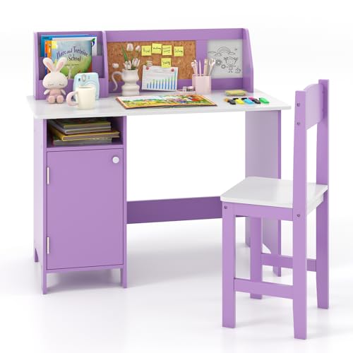 GOPLUS Bureau Enfant avec Chaise, Table d'Étude avec Tableau Blanc et Marqueur, Étagère, Armoire, Bureau Enfant 3+ Ans avec Rangement pour Maison, École,...