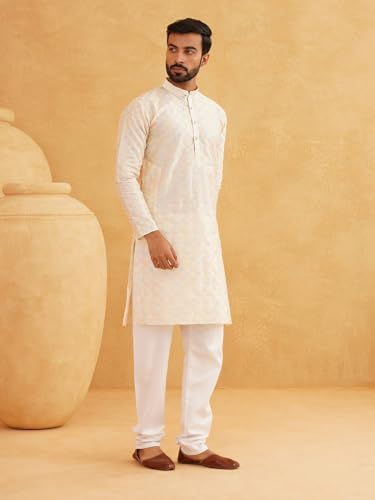 Sojanya (Since 1958 Men'S Silk Blend Cream Kurta With Multi Color Embroidery And Off-White Pyjama3