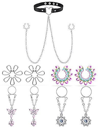 Yaalozei Fake Nipple Rings Adjustable Nipple Noose Piercing Rings Nipple Chains Fake Nipple Piercing Clip on Nipple Rings Clamps Faux Body Piercing Non Piercing Nipple Ring Piercing Jewelry for Women