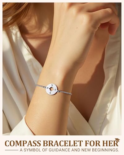 Image of 5th /8th Grade Graduation Gifts, Silver Adjustable Compass Bracelet for Her