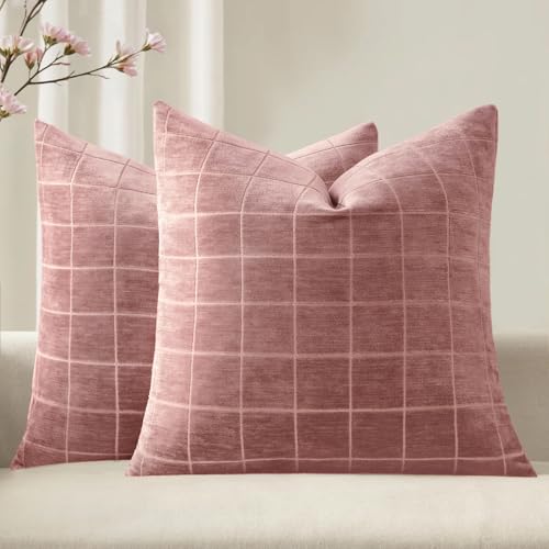 Image of MIULEE Blush Pink Plaid Decorative Throw Pillow Covers 20x20 Set of 2 | Vintage Check Chenille Couch Pillows Neutral Boho Farmhouse Cushion Covers Modern Home Decor for Sofa Bed Living Room