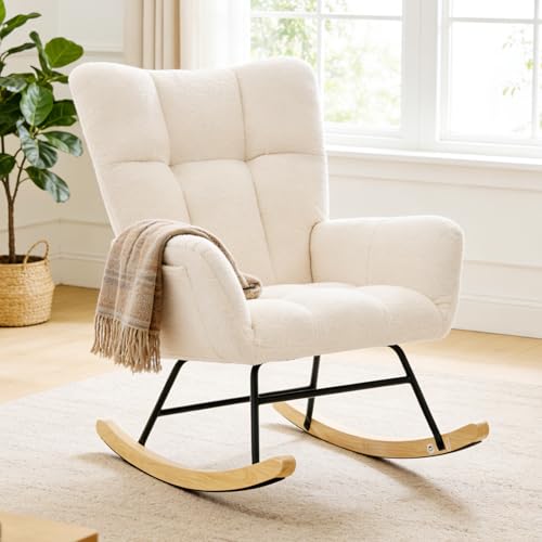 DUMOS Nursery Rocking Chair Teddy Upholstered, Comfy Glider Rocker with High Backrest Armchair Padded Seat, Accent Side Chair for Living Room Bedroom Offices Small Spaces Indoor, Beige