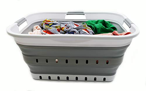 Image of SAMMART 42L (11 gallon) Collapsible Plastic Laundry Basket - Foldable Pop Up Storage Container /Organizer - Portable Basket - Space Saving Hamper /Basket (2, White /Grey)