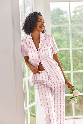 Image of Ekouaer 2 Piece Satin Short Sleeve Pajamas Set Button Down Sleepwear | Soft Pjs Set Classic Loungewear for Wedding, Party, Home, Daily Wear, Date Nights